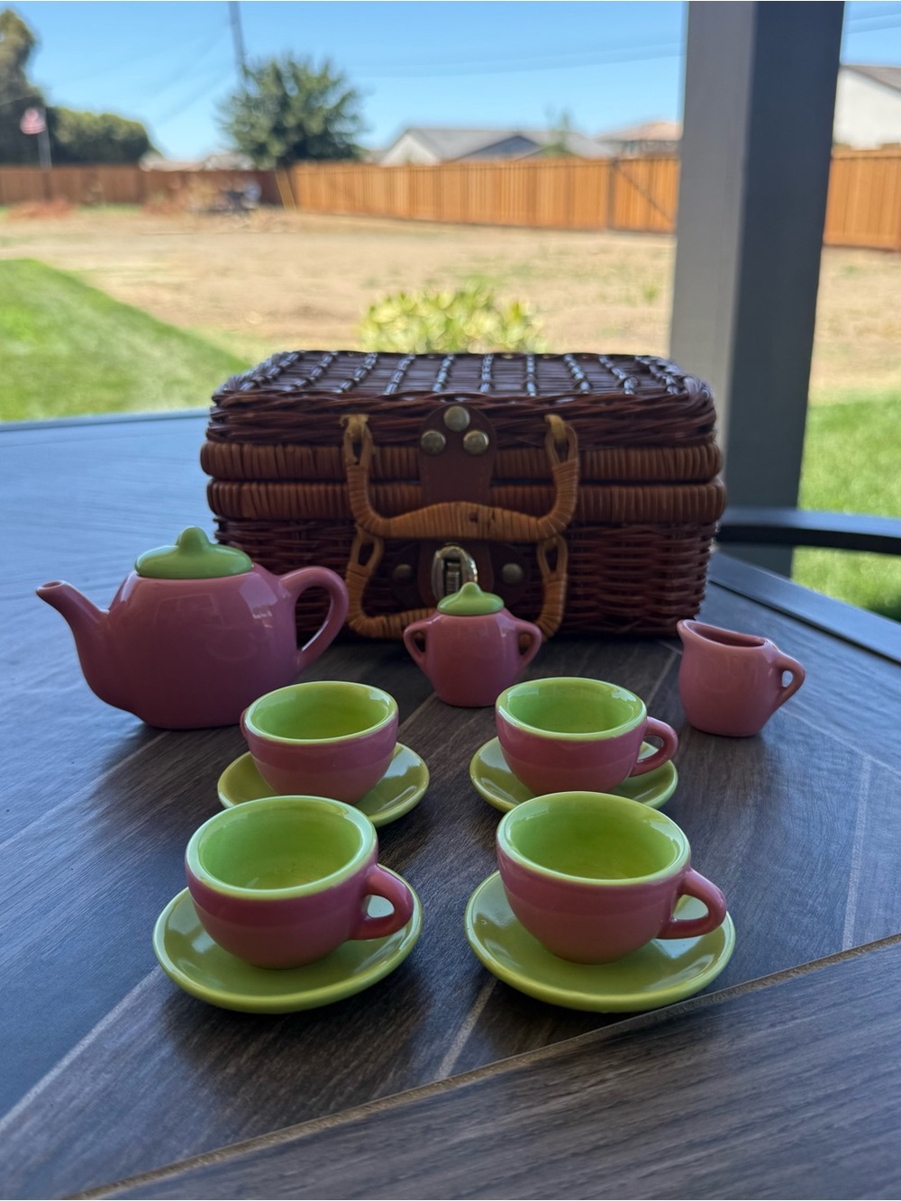 Pink and Green Tea Set with Basket
